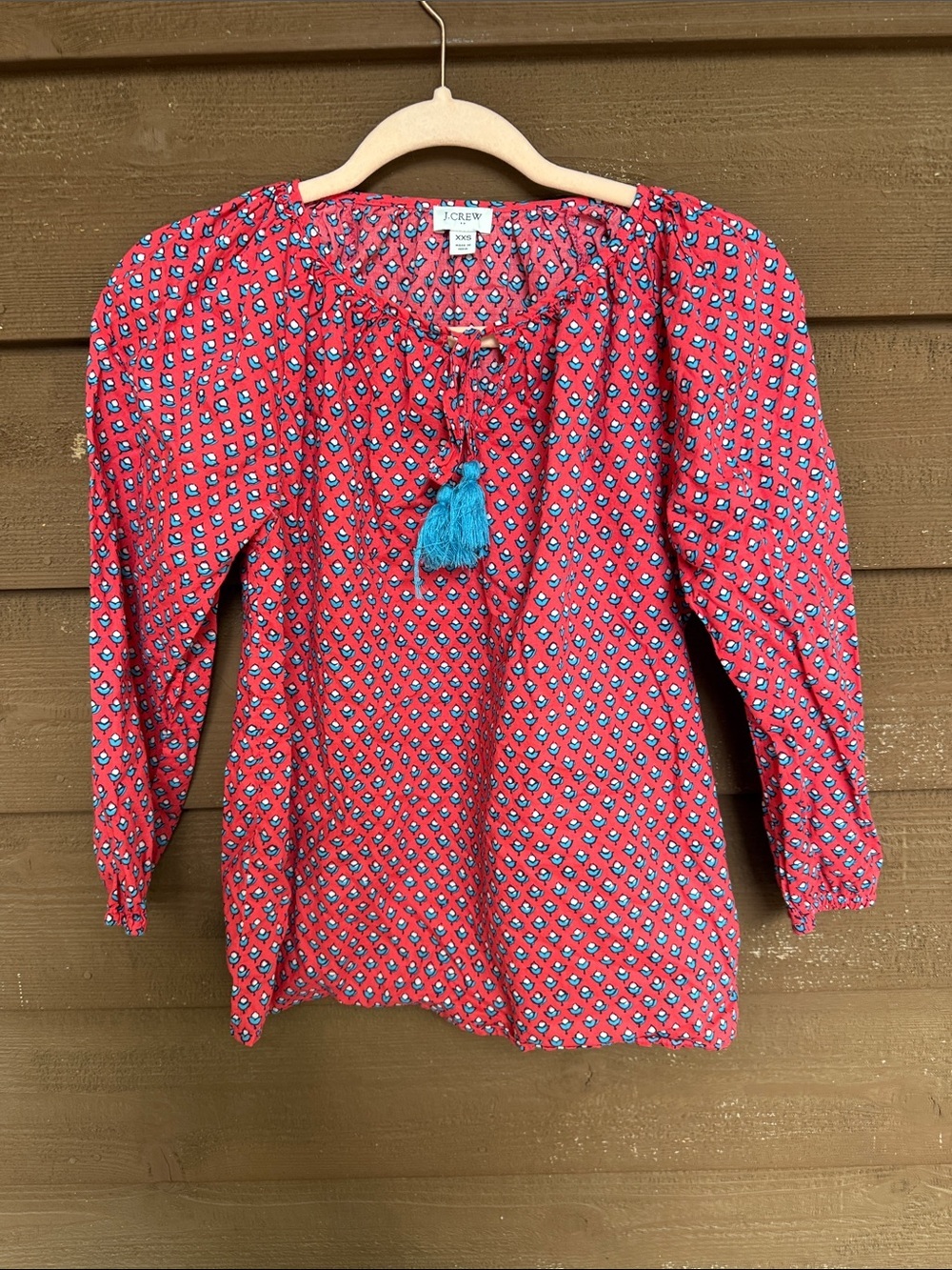 J. Crew Red Printed Peasant Tunic with Blue Tassel size XXS